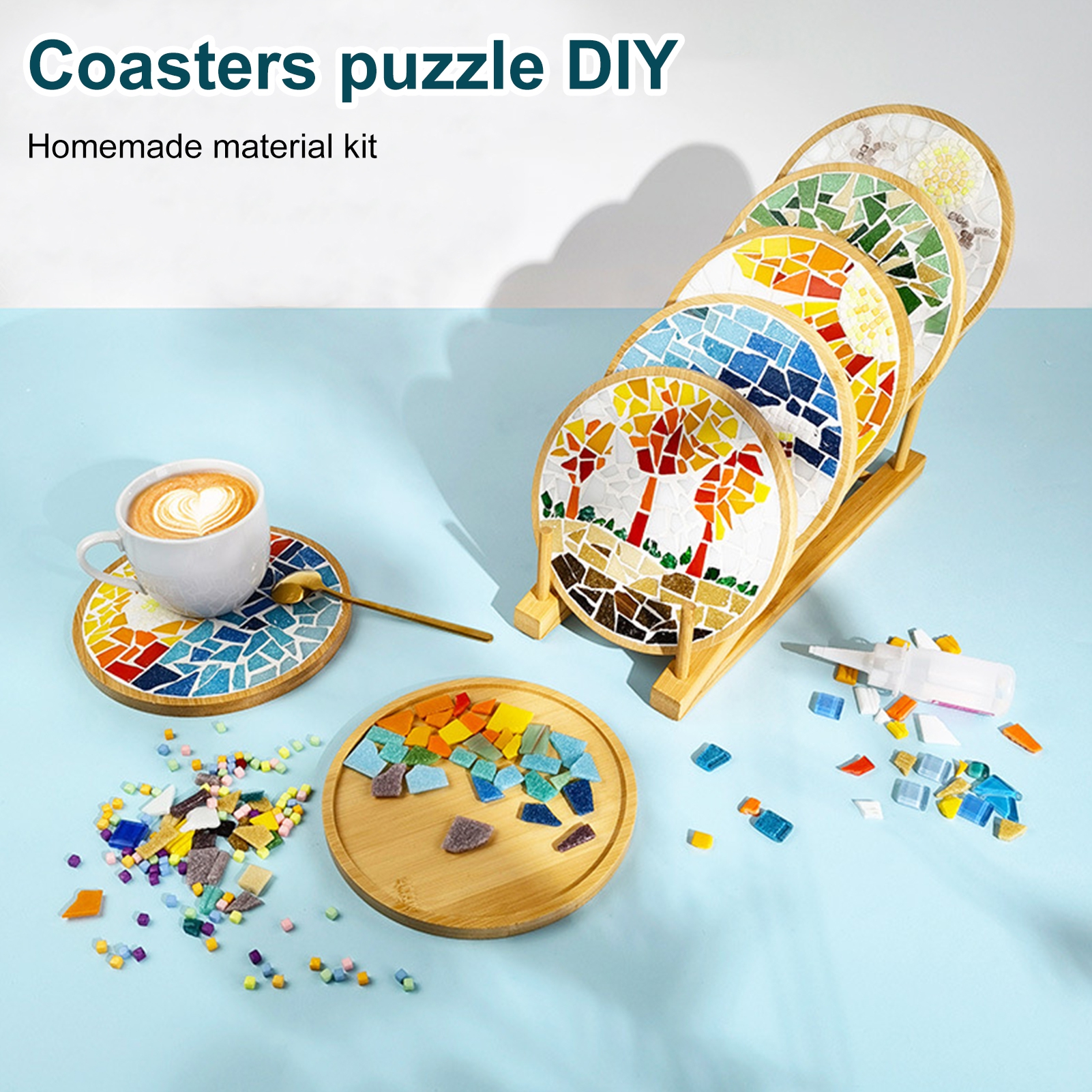sunsanly Mosaic Craft Coaster Making Kit for Adults DIY Glass Mosaic Tiles Kits Ceramic Art Bulk Materials Package for Women Kid Seniors Handmade Gifts